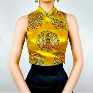 Nastygal Yellow Jacquard Mandarin Collar Crop Top